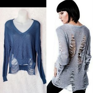 Cornflower Blue Frayed Grunge Sweater by Hendi